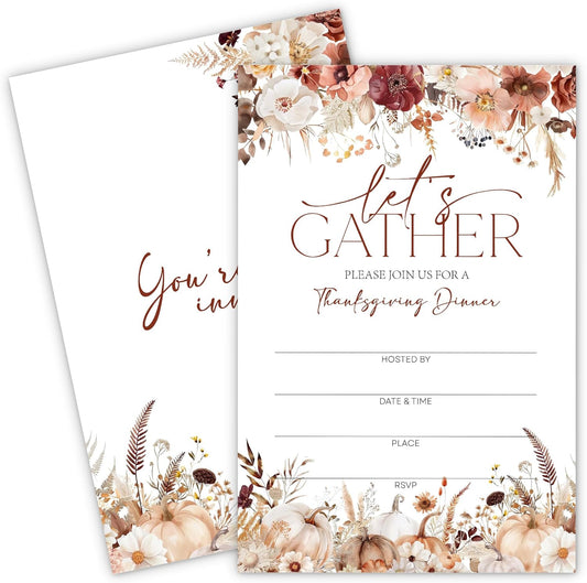 Thanksgiving Invitations - Floral Pumpkin Design Card with Envelopes And RSVP Cards - You're Invited 20Pcs Fill In Friendsgiving Invitations Cards For Family & Friends(4 x 6 Inch) (029)