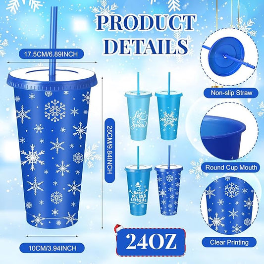 24 Pcs 25 oz Snowflake Party Favors Cups Bulk Blue White Frozens Cups with Lid and Straw Reusable Plastic Tumblers for Winter Theme Holiday Birthday Wonderland Party Supplies