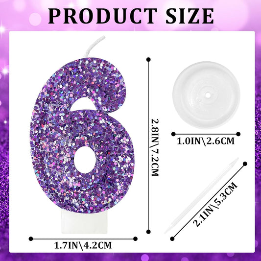 Birthday Number Candles, Glitter Number Candle Cake Decorations with Sequins, Cupcake Decorations for Girls, Women, Party Anniversary Celebrations (Number 6, Purple)