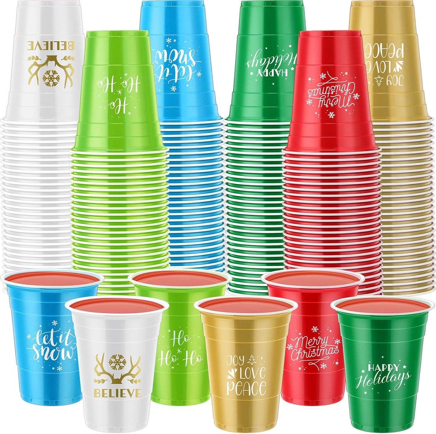 Sliner 120 Pcs 16 oz Christmas Plastic Disposable Cups Bulk Snowflake Elk Star Christmas Tree Drinking Cups for Xmas Birthday Party Supplies (Multicolor)