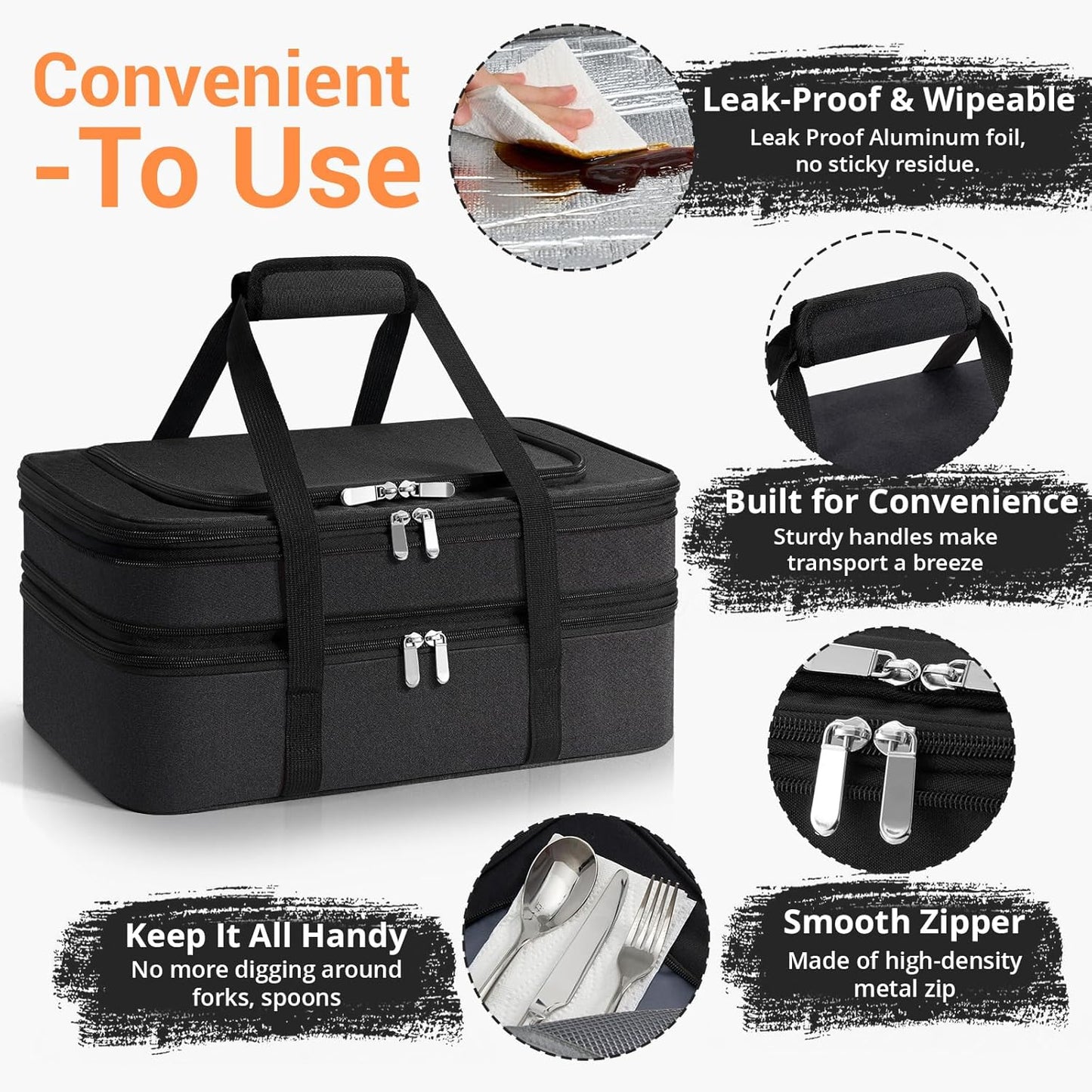 Insulated Double Casserole Carrier - Portable Casserole Carriers for Hot or Cold Food Lunch Tote Warmer or Cooler Bag for Potluck Parties Picnic Cookouts, Fits 9" x 13" Baking Dish -Black