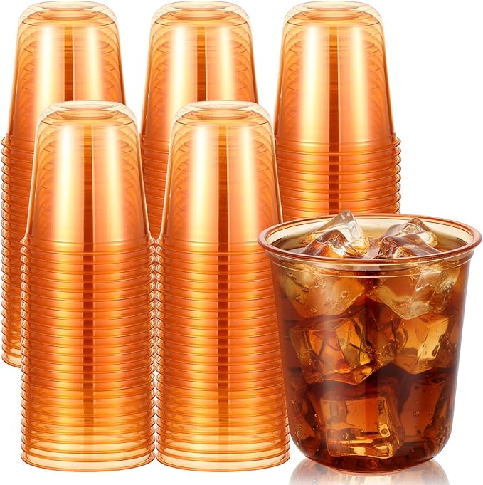 Disposable Stemless Glasses 12oz Crystal Plastic Wine Glasses Clear Classic Pet Cup for Meeting Weddings Birthdays Cocktail Christmas Party Supplies(Orange,100 Pcs)