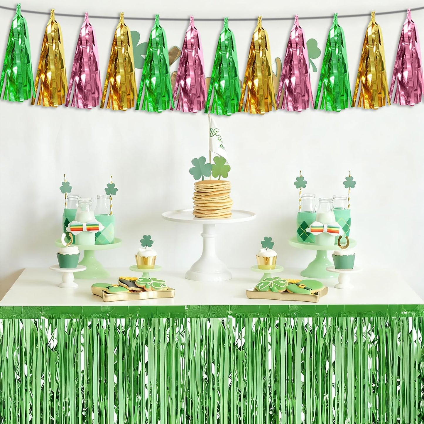 4P Sage-Green Gold Pink Tassel Banner Garland Metallic Foil Fringe Banner Tinsel Tassels Streamer Banner Backdrop for Parade Floats, 2025 Graduation Decorations, Woodland Party Decoration