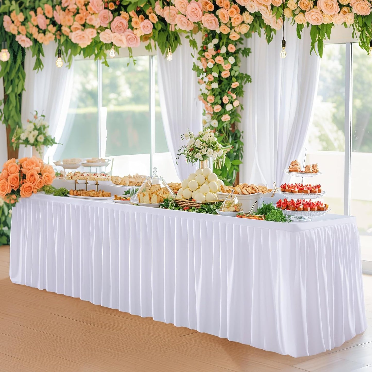 3 Pack White Polyester Table Clothes for 8 Foot Rectangle Tables, Wrinkle Free Fitted Table Cover with Pleated Ruffle Table Skirt for Birthday Party Wedding Trade Show Event Display