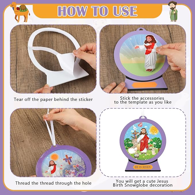 Frienda 48 Set He is Risen Scene Craft Kit Religious Crafts for Kids DIY Shaking Globe Craft Make a Jesus Risen Ornament Bulk with Glitter Sequins Paper for Sunday School Christian Religious Decor