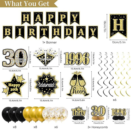 30th Birthday Decorations for Him, Black Gold Back in 1996 Party Decor Kit, Happy 30th Birthday Party Supplies with Sash, Banner, Backdrop, Balloons, Cake Topper, Honeycomb Centerpieces