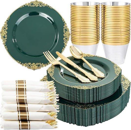 Nervure 175PCS Green Plastic Plates - Disposable Green Gold Party Plates & Pre Rolled Napkins with Cutlery for 25 Guests, 50Plates, 75Silverware, 25Cups, 25Napkin for Wedding & Party & St Patricks Day