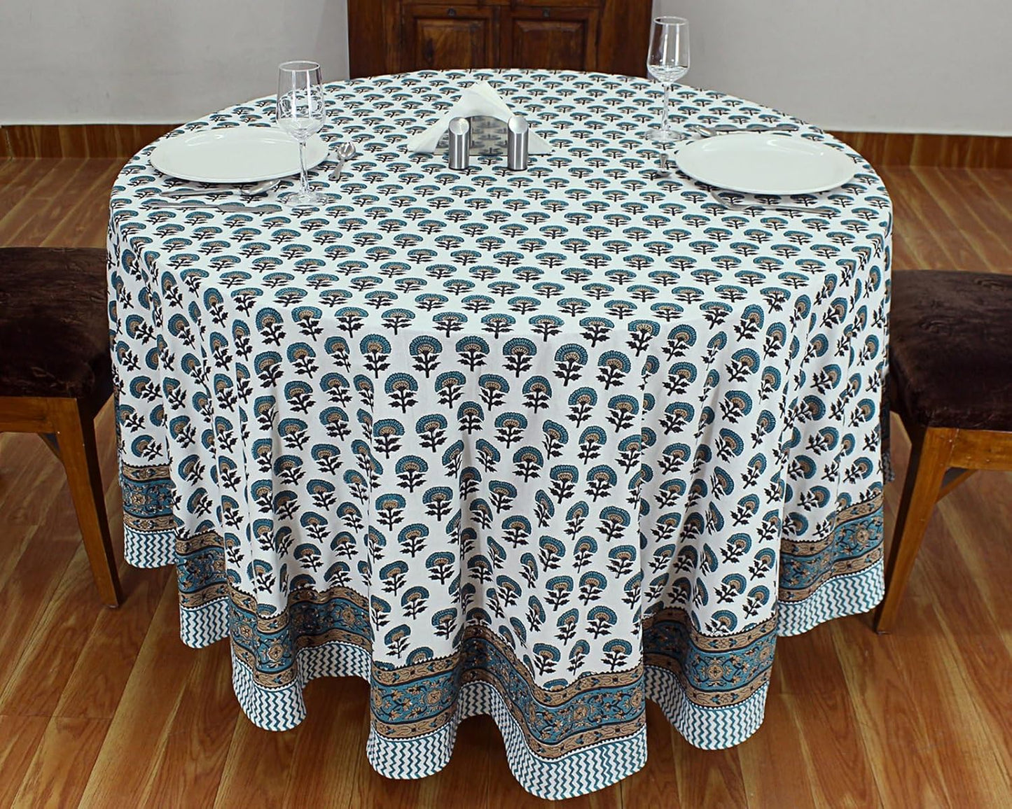60 Inches Round Hand Block Printed Cotton Tablecloth, Blue Yellow Floral Table Cloths Washable, Indian Table Linen for Dinning Home Decor Autumn Outdoor Thanksgiving
