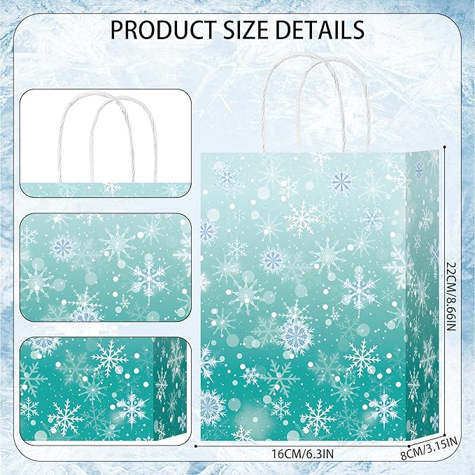 HongXingHai Christmas Gift Bags with Handles, 16 Pack Kraft Paper Bags with Snowflake Design, Reusable Holiday Party Favor Bags for Christmas, Winter Birthday, Wedding, Shopping, Small Gifts