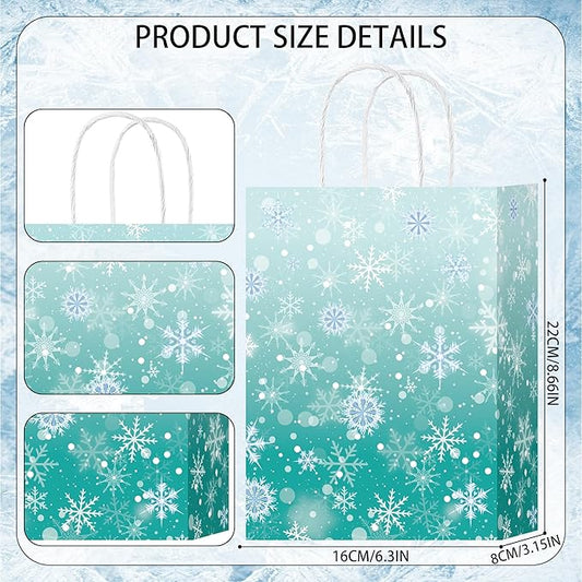 HongXingHai Christmas Gift Bags with Handles, 16 Pack Kraft Paper Bags with Snowflake Design, Reusable Holiday Party Favor Bags for Christmas, Winter Birthday, Wedding, Shopping, Small Gifts