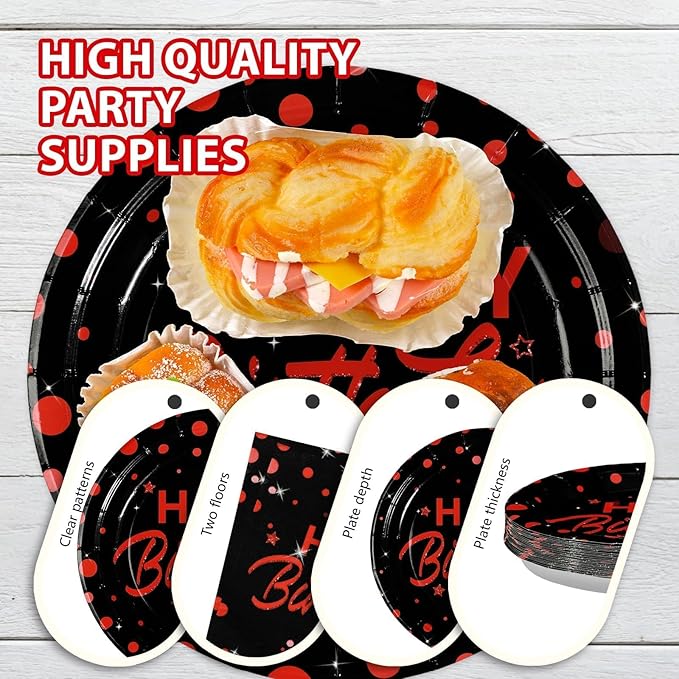 Grencian 96Pcs Red and Black Birthday Party Decorations Red Polka Dots on Black Paper Plates and Napkins Disposable Dessert Tableware for Men Women Stranger Birthday Party Decorations Serves 24
