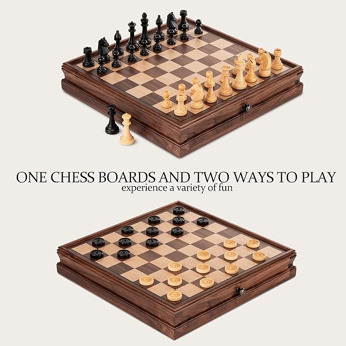 A&A 15 inch Walnut Wooden Chess Set with Storage Drawer, Triple Weighted Pieces, 3.0 inch King Height, Walnut & Maple Inlay, 2 Extra Queen, Classic 2 in 1 Chess and Checkers Board Game