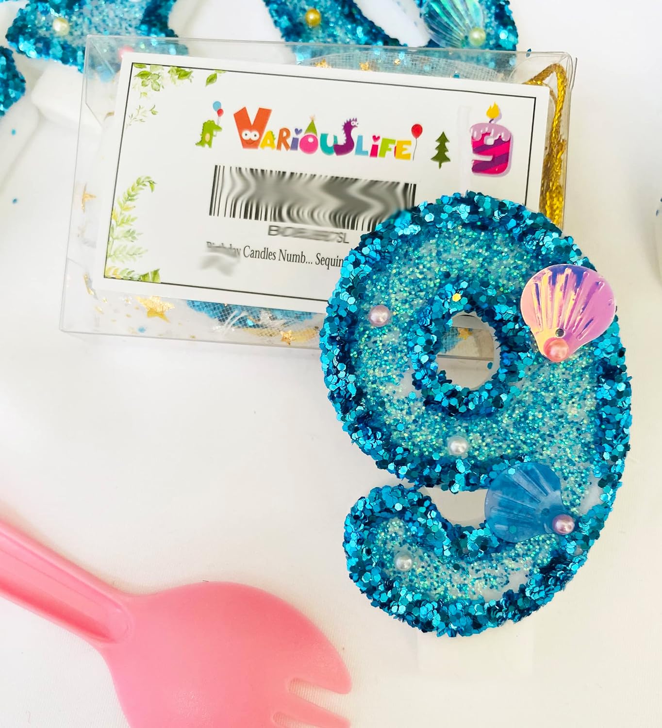 Blue Number Candle,Shell Sequins Number Candles for Birthday Cakes Mermaid Themed Party Supplies Number 9 Candle