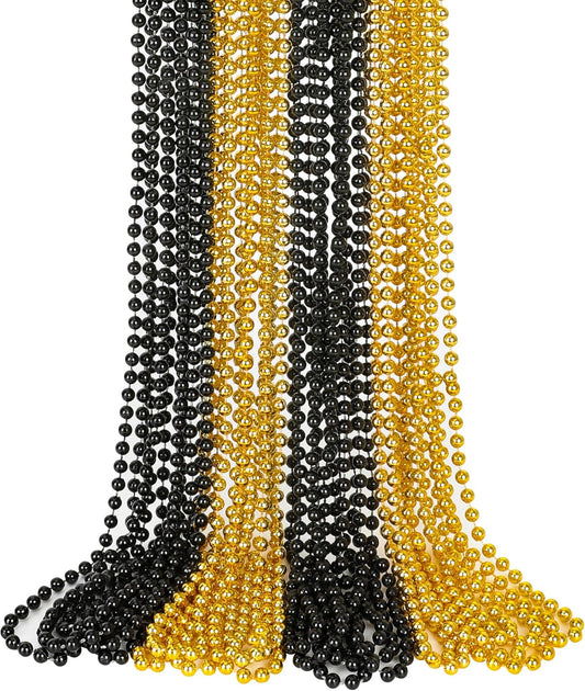 15PCS New Years Eve Bead Party Supplies, Black Gold Bead Necklace Decorations, 33" New Years Graduations Beads Necklaces Supplies, Festival Graduations New Years Party Supplies Accessories Bulk