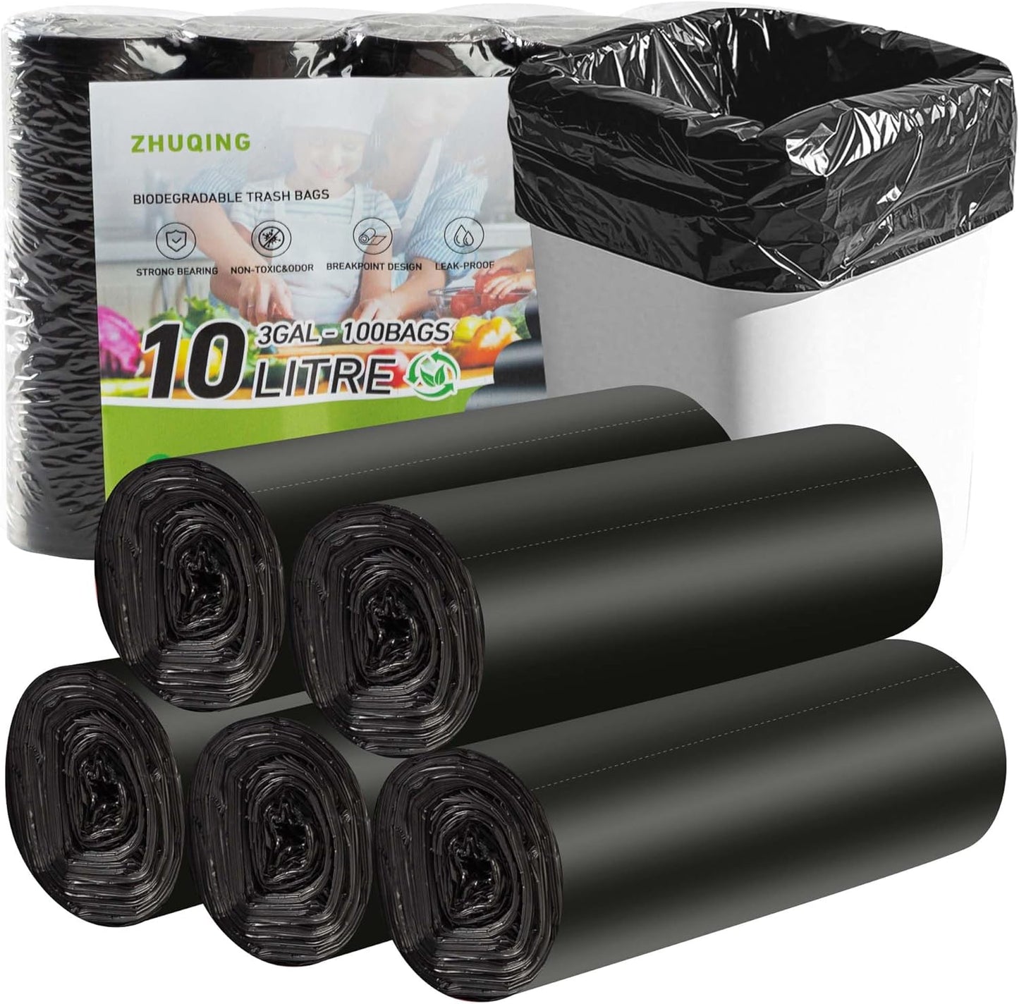 Zhuqing 3 Gallon Trash Bags, 10L Biodegradable Garbage Bags, 100 Counts Compost Wastebasket Liners Bags for Kitchen Bathroom Office, Black
