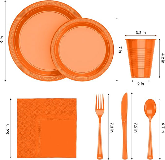 Party Solids 350 Pieces Orange Plastic Plates For Party, Orange Disposable Plates Set, 50 Of Each 9" Dinner Plate Set, 7" Dessert Plate, Cups, Napkins & Cutlery Plastic Dinnerware