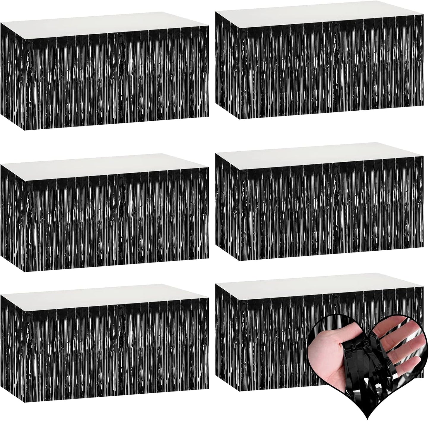 6 Pack 29x108 Inch Black Metallic Foil Fringe Table Skirts Banner for Tinsel Streamer Garland Curtains Backdrop for Parade Floats Wedding Baby Shower Birthday Christmas Halloween Party Decoration