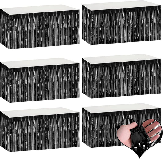 6 Pack 29x108 Inch Black Metallic Foil Fringe Table Skirts Banner for Tinsel Streamer Garland Curtains Backdrop for Parade Floats Wedding Baby Shower Birthday Christmas Halloween Party Decoration