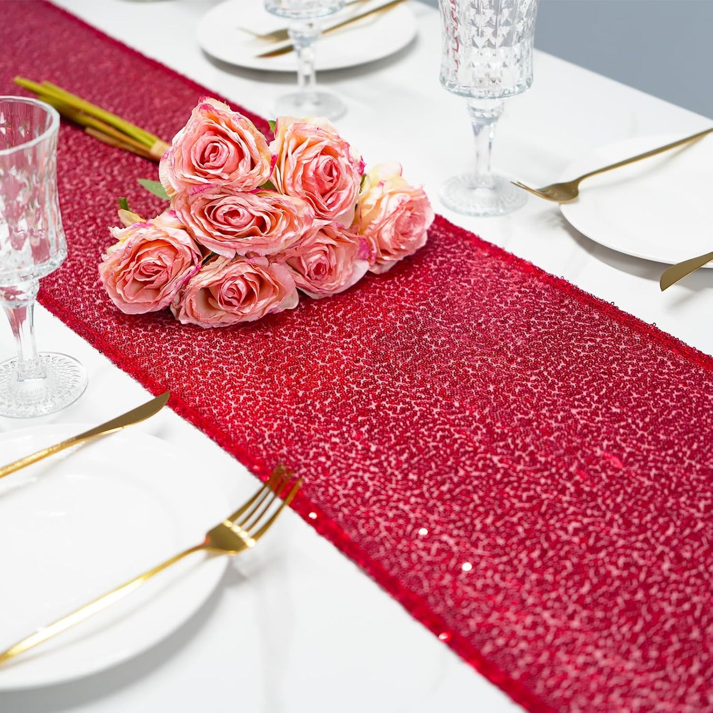 12x108 inch Red Sequin Table Runner Sparkly Glitter Table Linens 6 Packs for Party Decorations Wedding Birthday Baby Shower Engagement Anniversary