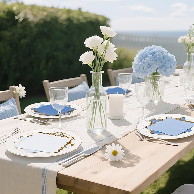 100 Pcs Blue Scalloped Napkins with Gold Foil Gradient Color Cocktail Napkin Folded 5 x 5 Beverage Napkins Disposable Paper Napkins for Birthday Party Supplies