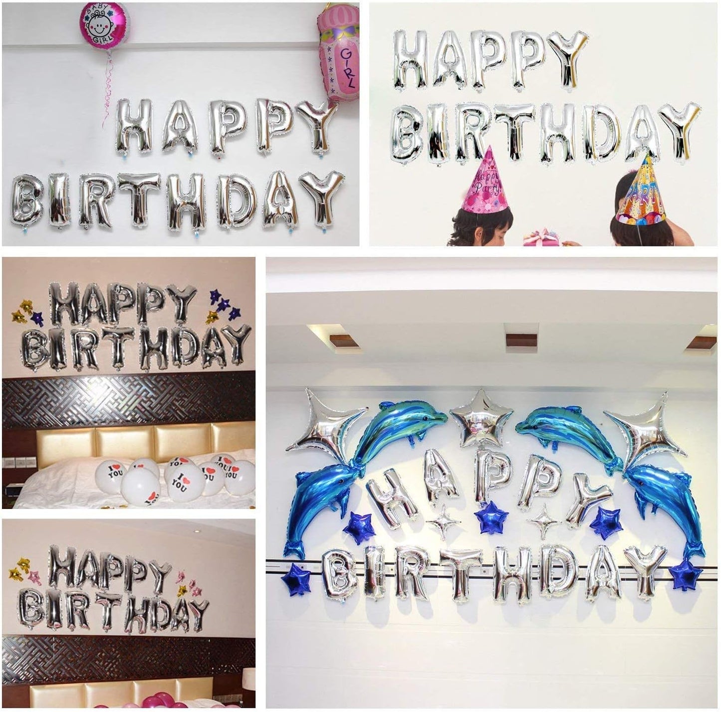 TONIFUL Silver Happy Birthday Balloons Banner, 16 Inch Mylar Foil Letters Sign Bunting Reusable for Girls Boys Kids & Adults Birthday Decorations Party Supplies