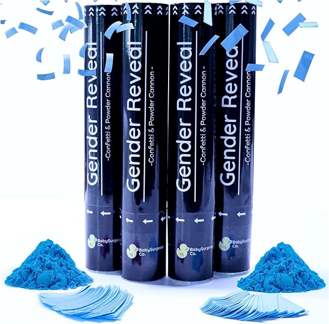 Gender Reveal Confetti Cannon 4 Blue Powder Smoke with 100% Non-Toxic, Food-Grade Corn Starch - Safe and Easy Compressed Air Party Popper - Bright Explosion for Photo Effect