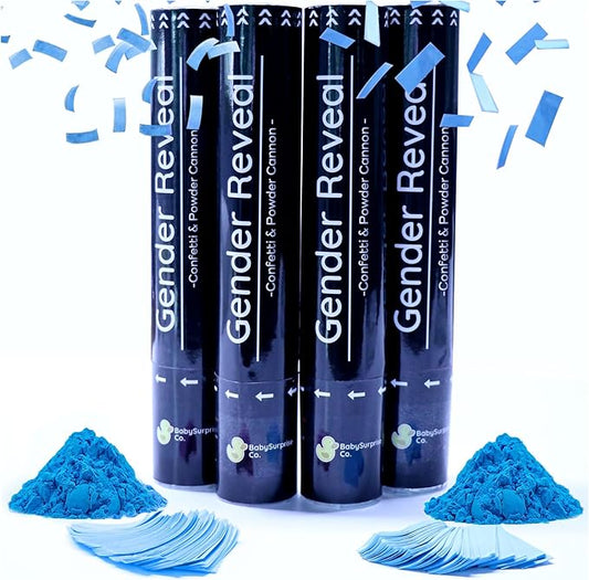 Gender Reveal Confetti Cannon 4 Blue Powder Smoke with 100% Non-Toxic, Food-Grade Corn Starch - Safe and Easy Compressed Air Party Popper - Bright Explosion for Photo Effect