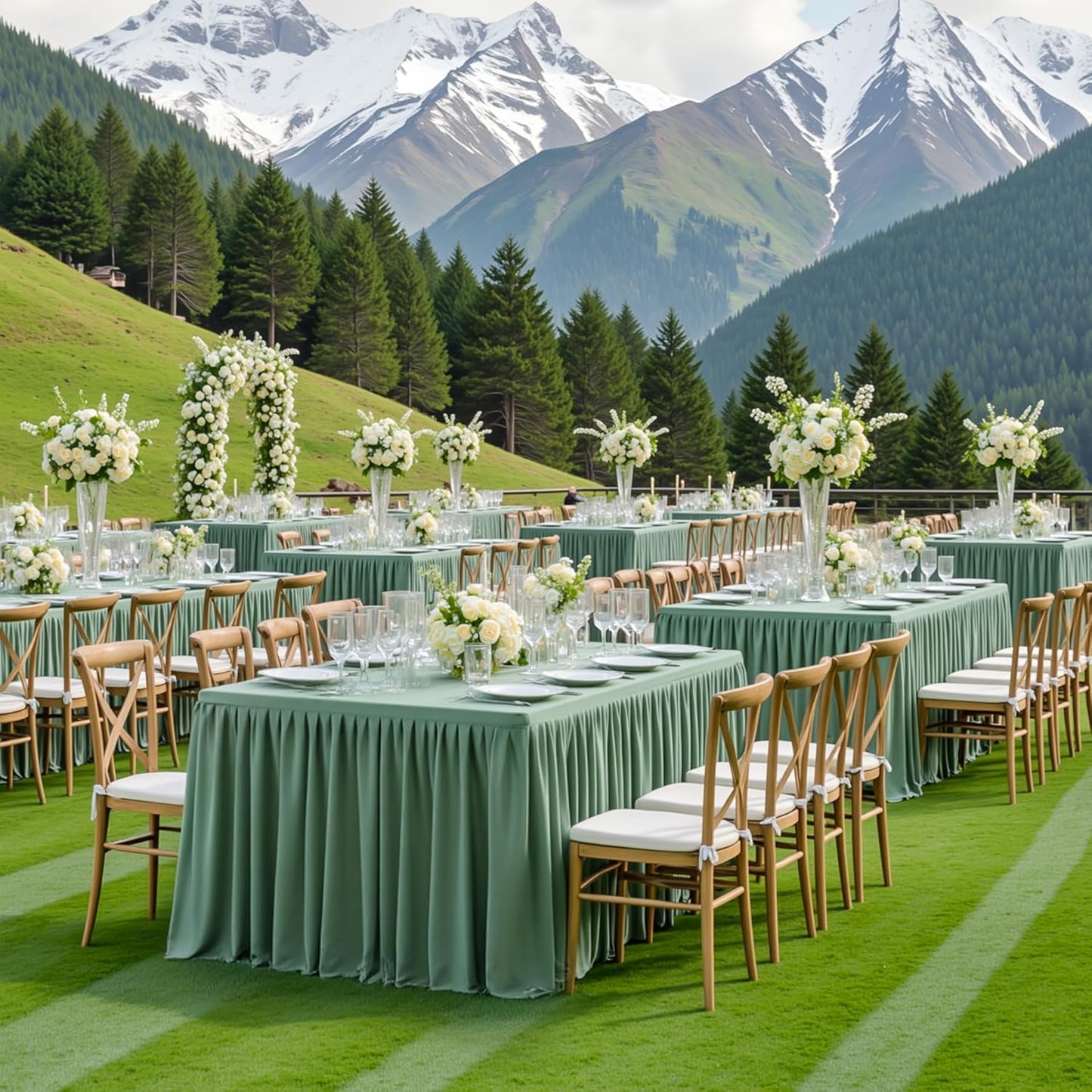 Sage Green Polyester Table Clothes for 8 Foot Rectangle Tables, Wrinkle Free Fitted Table Cover with Pleated Ruffle Table Skirt for Birthday Party Wedding Trade Show Event Display