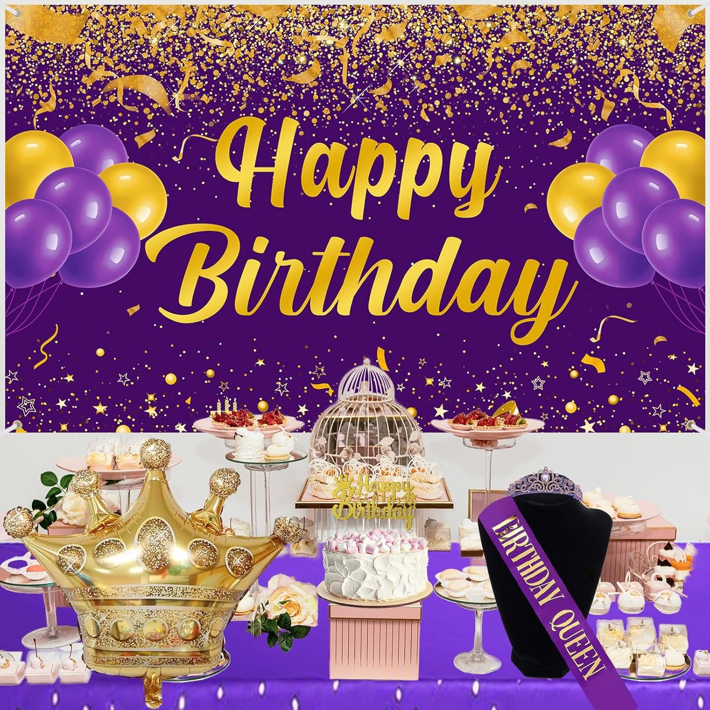 Trgowaul Purple Gold Birthday Party Set for Women & Girls - Happy Birthday Banner, Tiara, Cake Topper, Tablecloth & Party Favor Supplies