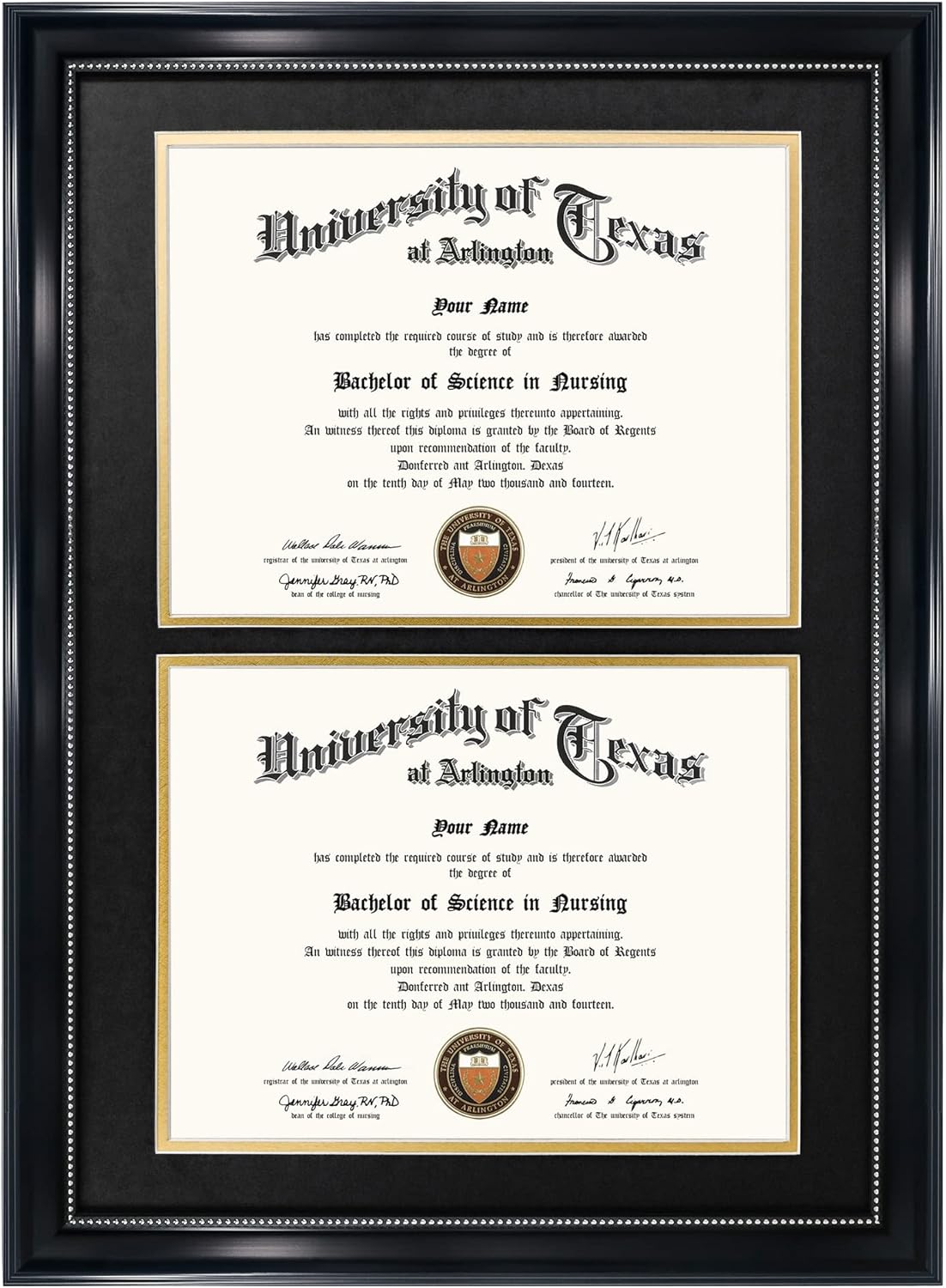 GraduationMall 14x20 Double Diploma Frame, Display 8.5x11 Certificate with Black over Gold Mat,UV Protection Acrylic,Black with Silver Beads
