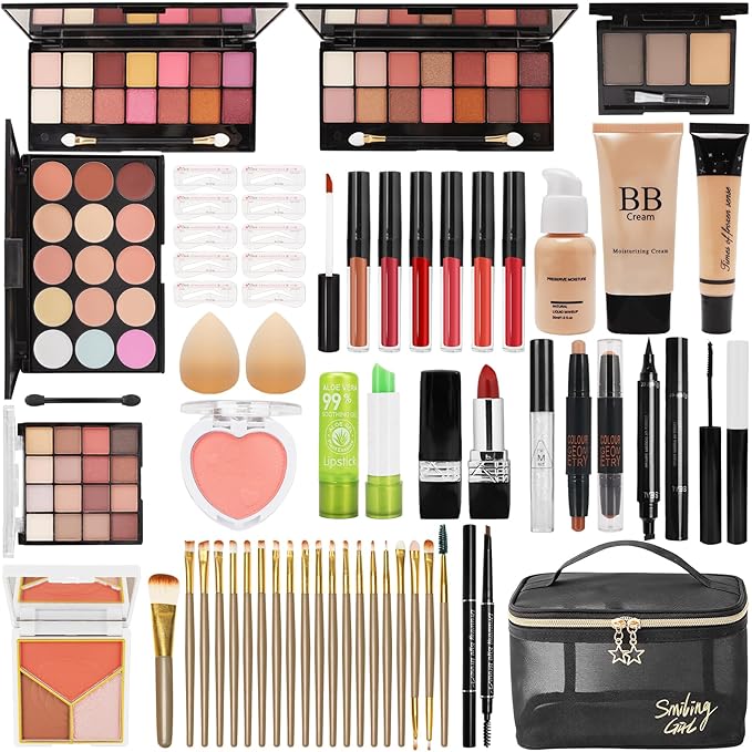 All in One Makeup Kit for Women Full Kit, Makeup Gift Set for Women Teen Girls, Makeup Essential Bundle Includes Foundation Eyeshadow Contour Palette Lipstick Eyeliner Mascara Cosmetic Brush Set