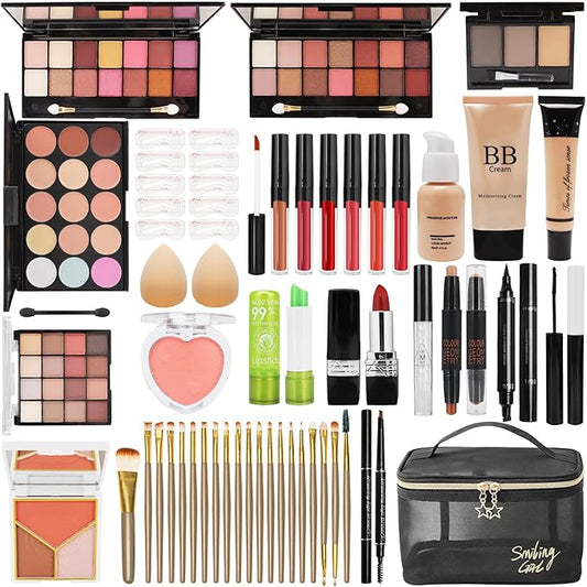 All in One Makeup Kit for Women Full Kit, Makeup Gift Set for Women Teen Girls, Makeup Essential Bundle Includes Foundation Eyeshadow Contour Palette Lipstick Eyeliner Mascara Cosmetic Brush Set