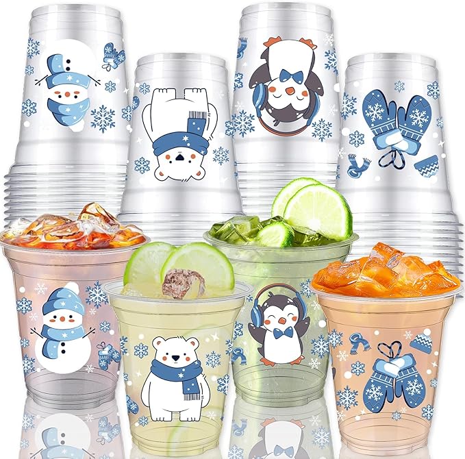VDESFUEBY 50Pcs 12 OZ Polar Arctic Animals Winter Plastic Cups Winter Wonderland Party Decorations Christmas Holiday Decorations