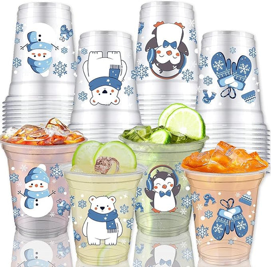 VDESFUEBY 50Pcs 12 OZ Polar Arctic Animals Winter Plastic Cups Winter Wonderland Party Decorations Christmas Holiday Decorations