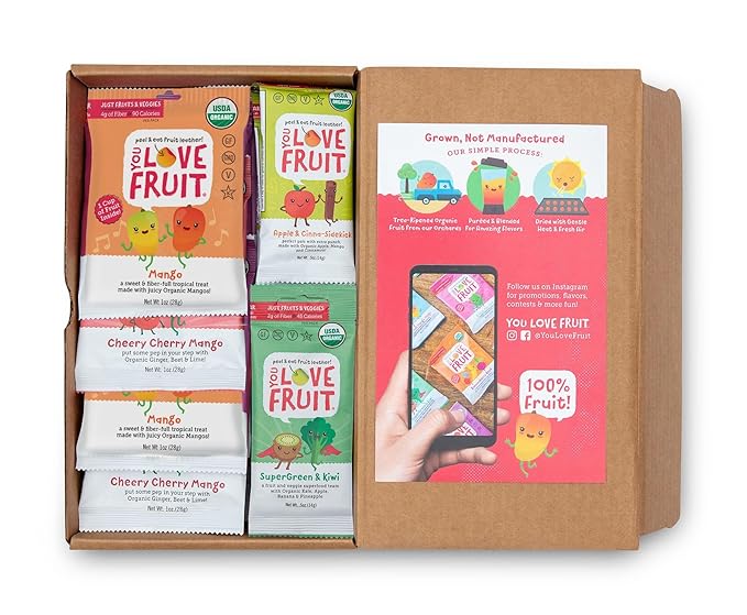 YOU LOVE FRUIT - Fruit Snacks Gift Box 24 Pack, 100% Natural Gluten-Free, Vegan, Fiber Packed, Low Fat Fruit Snack for Kids, College Students, Teachers and Offices, Healthy Fruit Snacks (apple cinnamon, mango, berry, kiwi berry, passion fruit, cherry m...