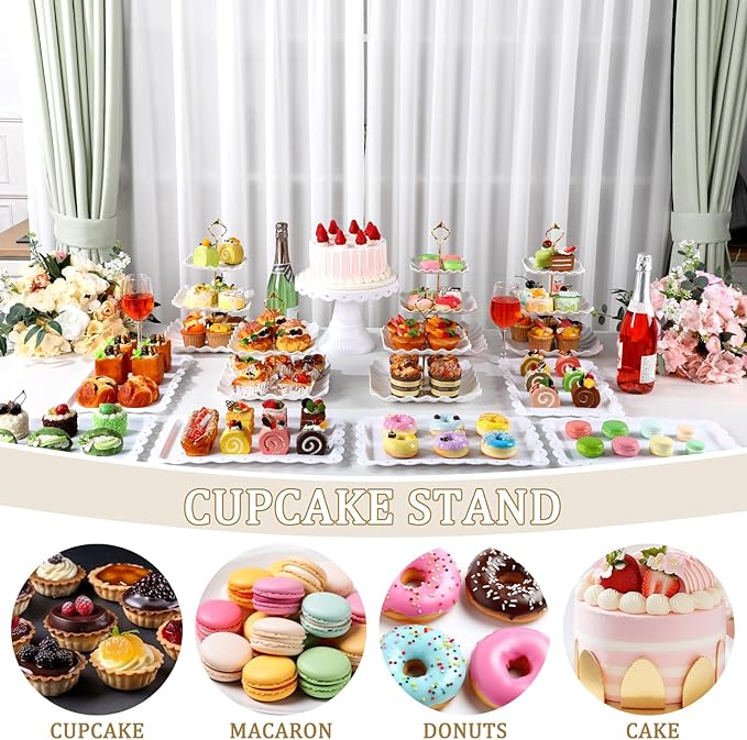 Willinglong 12 Pcs Dessert Cupcake Stand Holder, Cake Table Display Set Include 5 Cupcake Stand Tiered Tower 1 Cake Holder 6 Serving Tray Combo for Tea Party Birthday Baby Shower Wedding(White,Gold)