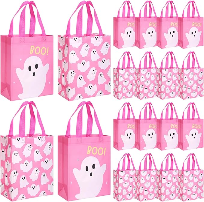 Wovnet 30 Pcs Halloween Party Favor Gift Bags Ghost Boo Pink Reusable Non Woven Goodie Treat Bags with Handle Horror Theme for Halloween Party Supplies 10 x 8 x 4in