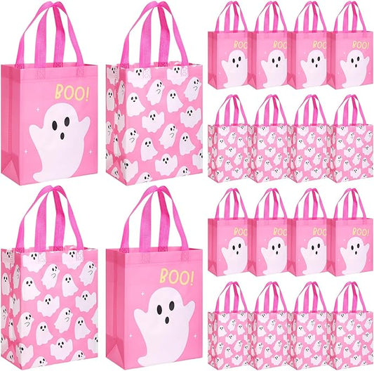 Wovnet 30 Pcs Halloween Party Favor Gift Bags Ghost Boo Pink Reusable Non Woven Goodie Treat Bags with Handle Horror Theme for Halloween Party Supplies 10 x 8 x 4in