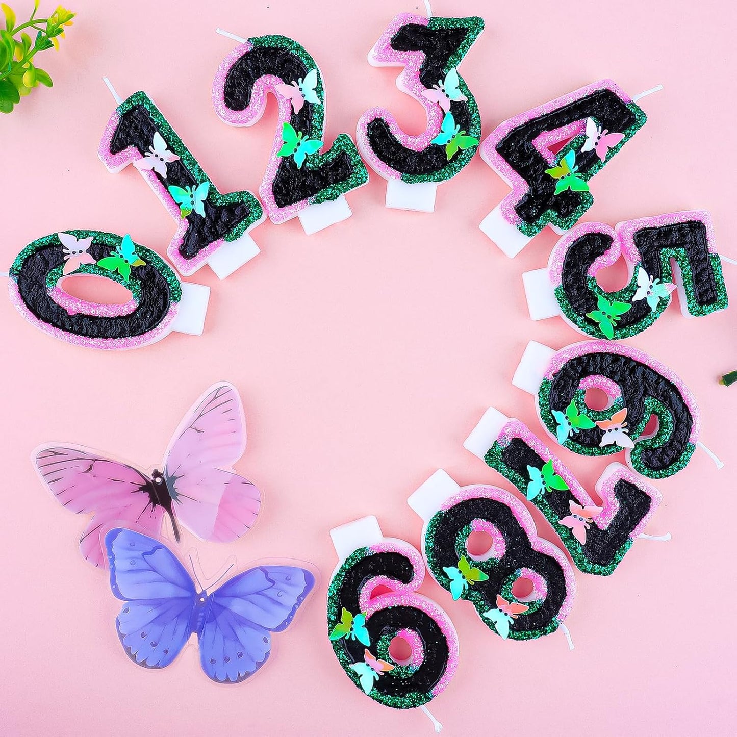 Birthday Number 7 Candles Pink Black and Green Butterfly Birthday Candles for Glitter Cake Topper with Sequins Decorations Girls Women Witch Theme Anniversary Celebrations Supplies