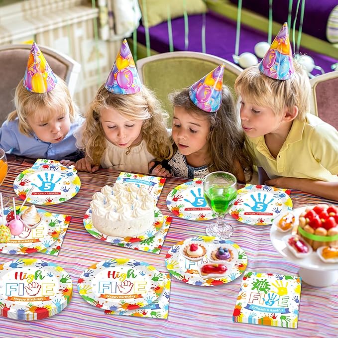 96Pcs Hi Five Birthday Party Supplies Colorful High 5 Year Old Birthday Paper Plates Napkins Hi FIVE Party Decorations Kids Girls Boys 5 Years Old Dinnerware Favor Tableware Serves 24