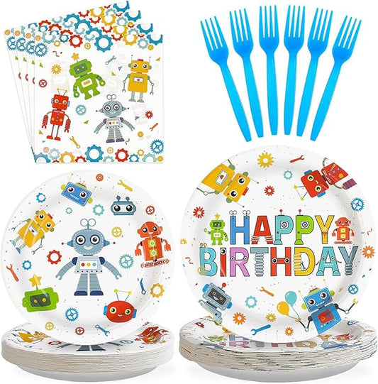 Grencian 96Pcs Robot Birthday Party Supplies Robot Themed Plates and Napkins Disposable Tableware Set for Boys Kids Birthday Party Baby Shower Decorations Serves 24