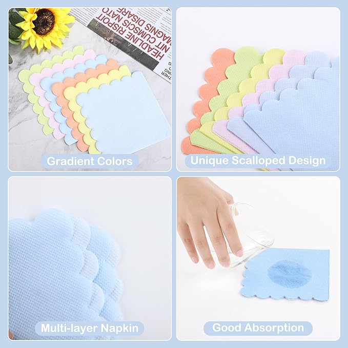 durony 150 Pack Scalloped Napkins 5 x 5 Inch Disposable Paper Napkins Gradient Color Napkins with Scalloped Edges for Dinner Wedding Birthday Party Supplies, Pastel Rainbow