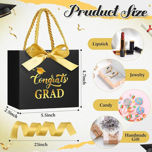 Moinchore 30 Pcs Black Gold Graduation Paper Gift Bags Bulk 5.5 x 4.7 x 2.5'' Mini 2026 Congrats Grad Favor Bags with Handles Bow Ribbon Wrap Graduation Day Party Supplies for College High School