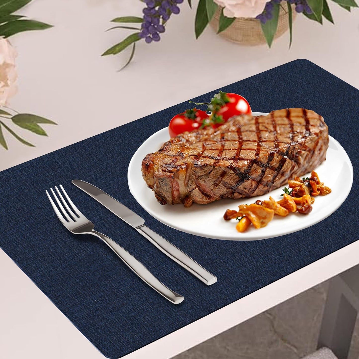 DOLOPL Placemats Set of 6, Navy Blue Faux Leather Heat Resistant Place Mats for Dining Table, Waterproof Oilproof Wipeable Washable Table Mats, Easy to Clean Anti-Slip Tablemats for Kitchen, Party