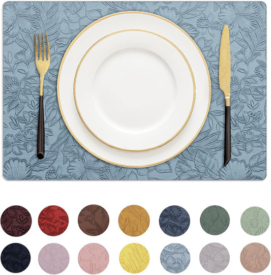 Romanstile Vinyl Placemats Set of 4-12 X 18 Inch - Heat Resistant Non-Slip Embossed Floral Place Mats 100% Waterproof Oilproof Wipeable Faux Leather Table Mats for Kitchen/Dining/Party, SkyBlue