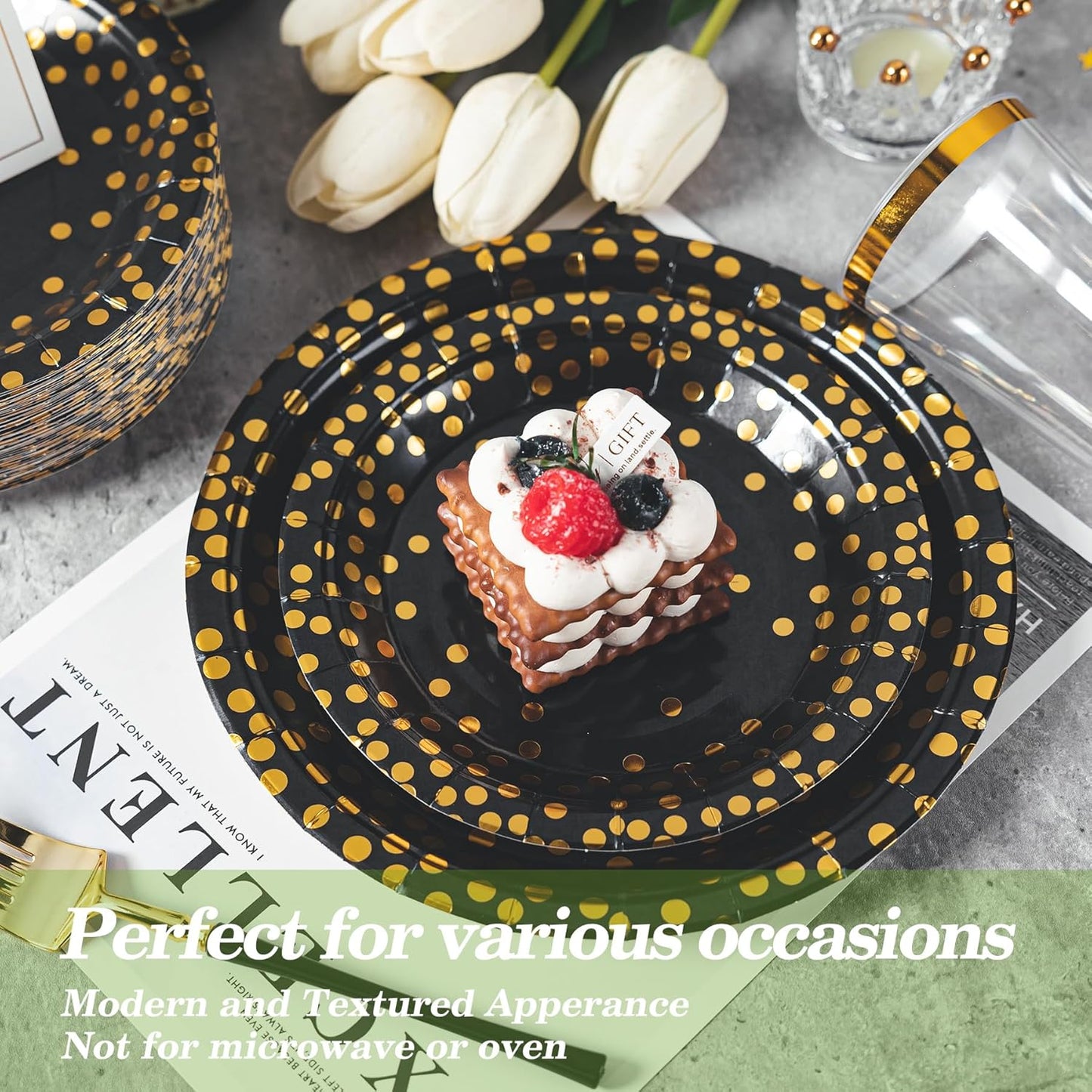 Lullaby 120PCS Black Paper Plates, Black and Gold Paper Plate, 60pcs Dinner Plates 9"，60pcs Dessert Plates 7", Disposable Graduation Plates with Golden Dot for Birthday party, Halloween