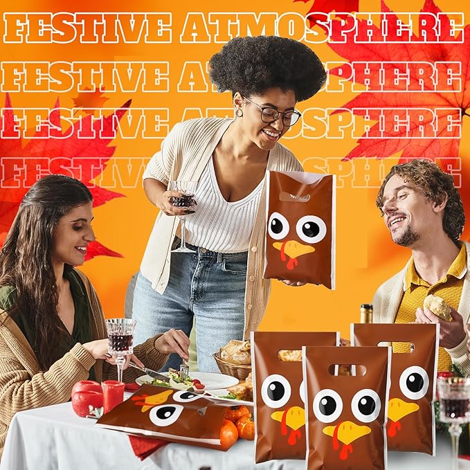Supervitae 100 Pcs Thanksgiving Turkey Plastic Gift Bags Bulk Fall Party Favor Bags with Handles for Fall Autumn Birthdays Weddings Snacks Goodie Candy Treat Party Favors Supplies