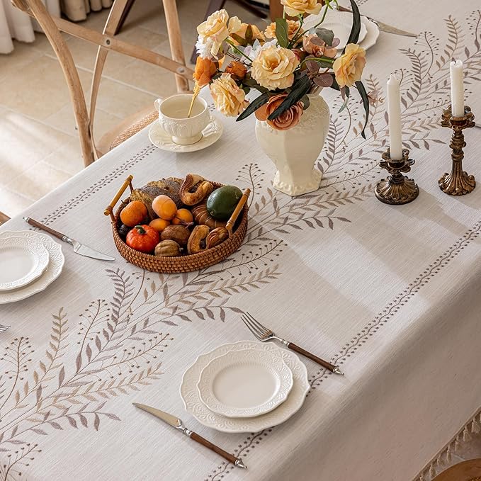 Joyfol Day Rustic Waterproof Linen Tablecloth, Heavy Weight Fern Embroidery Table Cloths for Rectangle Tables, Farmhouse Spill-Proof Table Covers with Tassels, Coffee 55''x 102''
