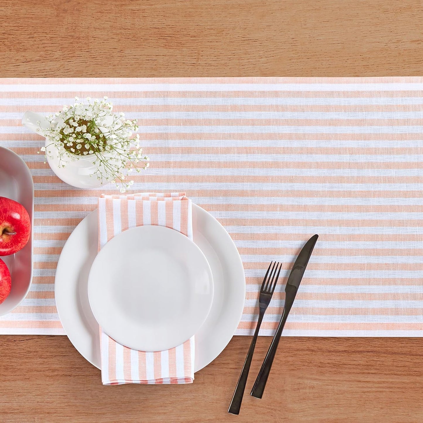 Solino Home Striped Linen Table Runner 90 Inches Long - Amalfi Stripe 100% Pure Linen Coral and White Dining Table Runner 14 x 90 Inch