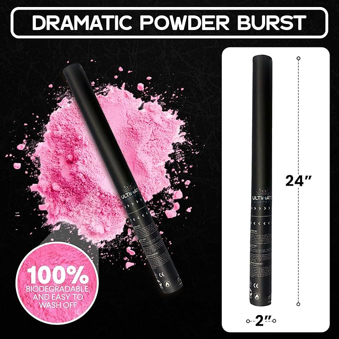 Ultimate Confetti – Handheld Gender Reveal Powder Cannon 24” Pink – Non-Toxic Food-Grade Powder Popper Cannon – Pre-Filled, Leak-Resistant Single-Use Cannon – 15–25 ft Outdoor Photo-Ready Explosion